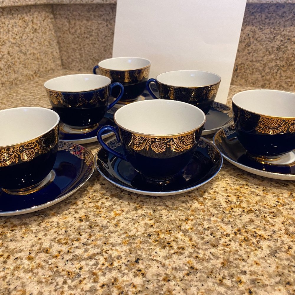 Vtg Imperial Lomonosov Russian Porcelain Cobalt Blue/24K Gold Tea Set for 6 EUC